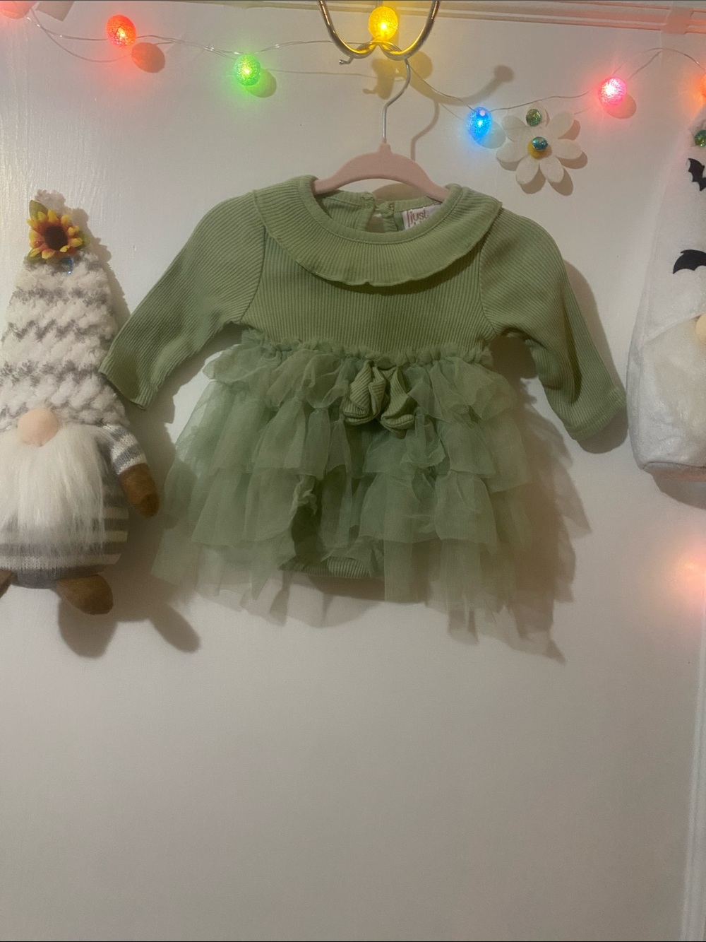 Girls Sage Green Ruffle Tulle Sweater Dress Top